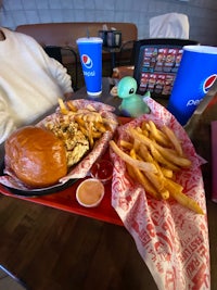 a tray of fries and a burger on a table